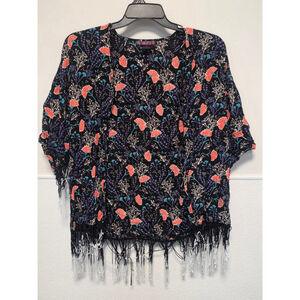 Women's Rock & Roll Cowgirl Shrug‎ S Black Coral Floral Fringe